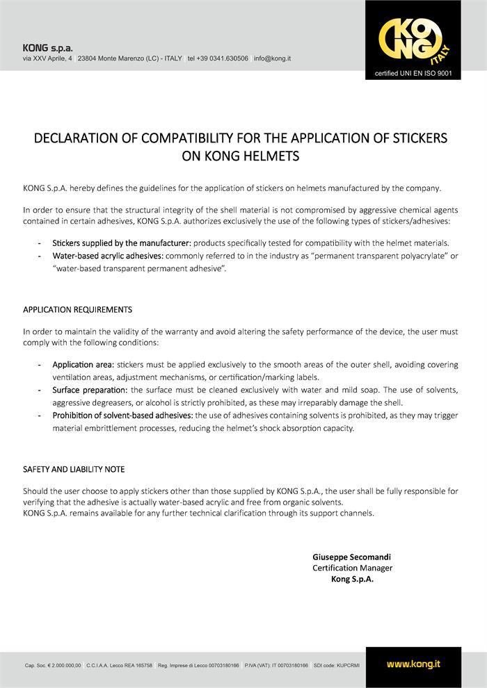Compatibility declaration for the application of stickers on helmets